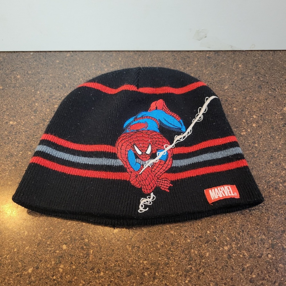 Marvel Spider-Man Winter Beanie Hat Youth Black Red Cuffless Knit Embroidered